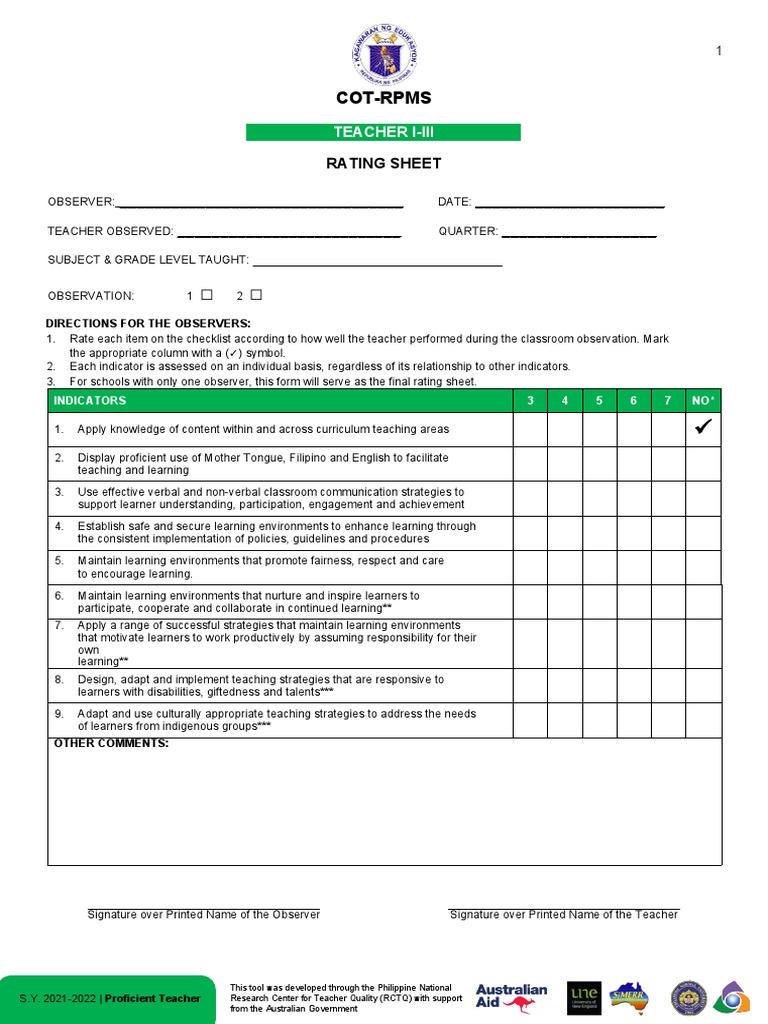 Teacher Observation Rating Sheet | PDF | Learning | Teachers