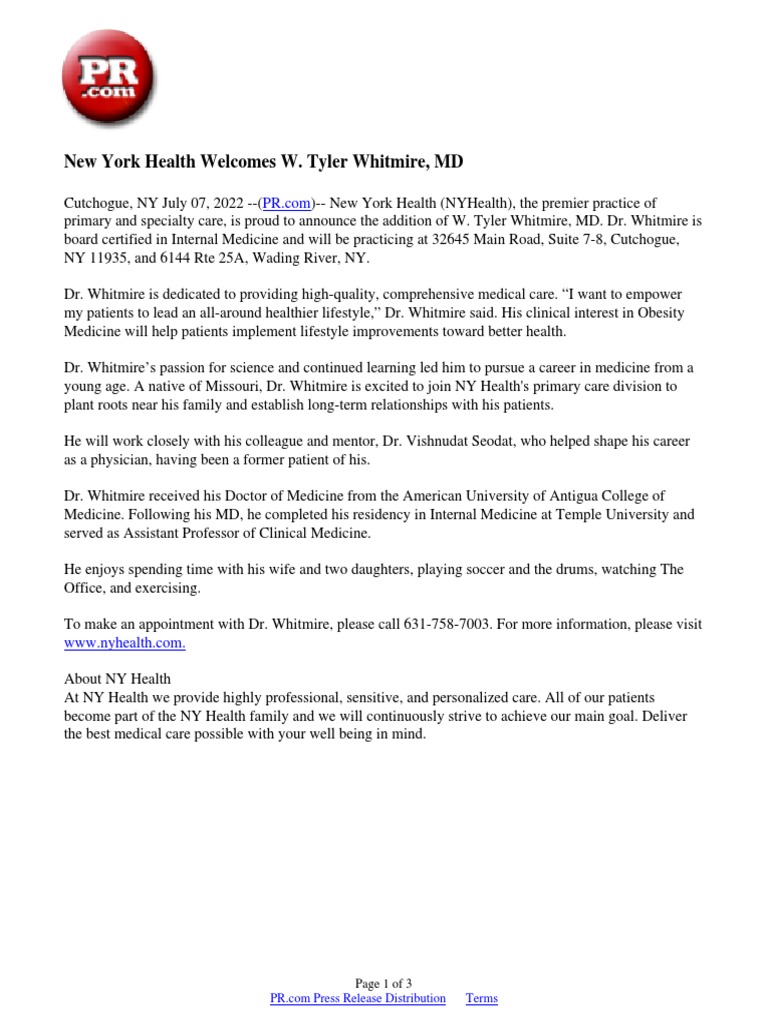 New York Health W. Tyler Whitmire, MD PDF Medicine