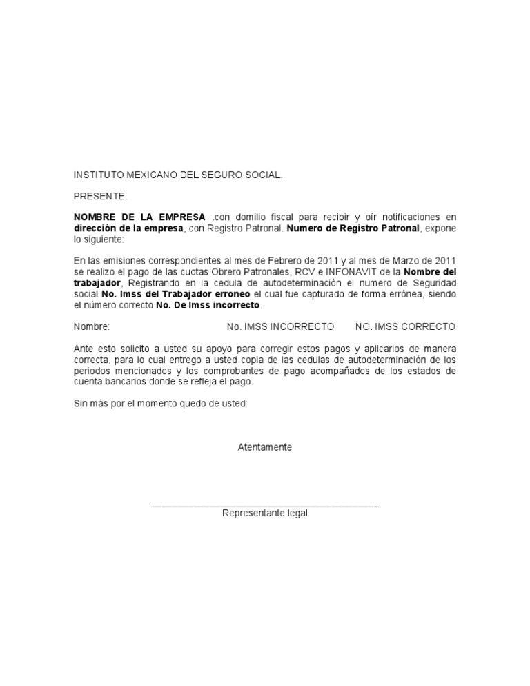 Ejemplo Carta correción numero de IMSS