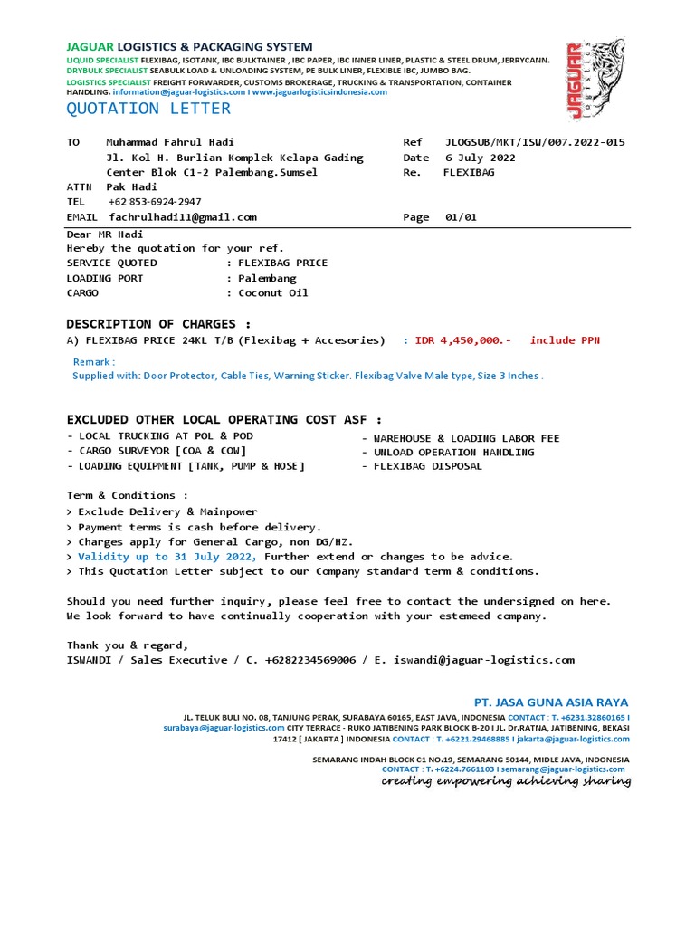 Flexibag Quotation for Coconut Oil | PDF | Cargo | Transport