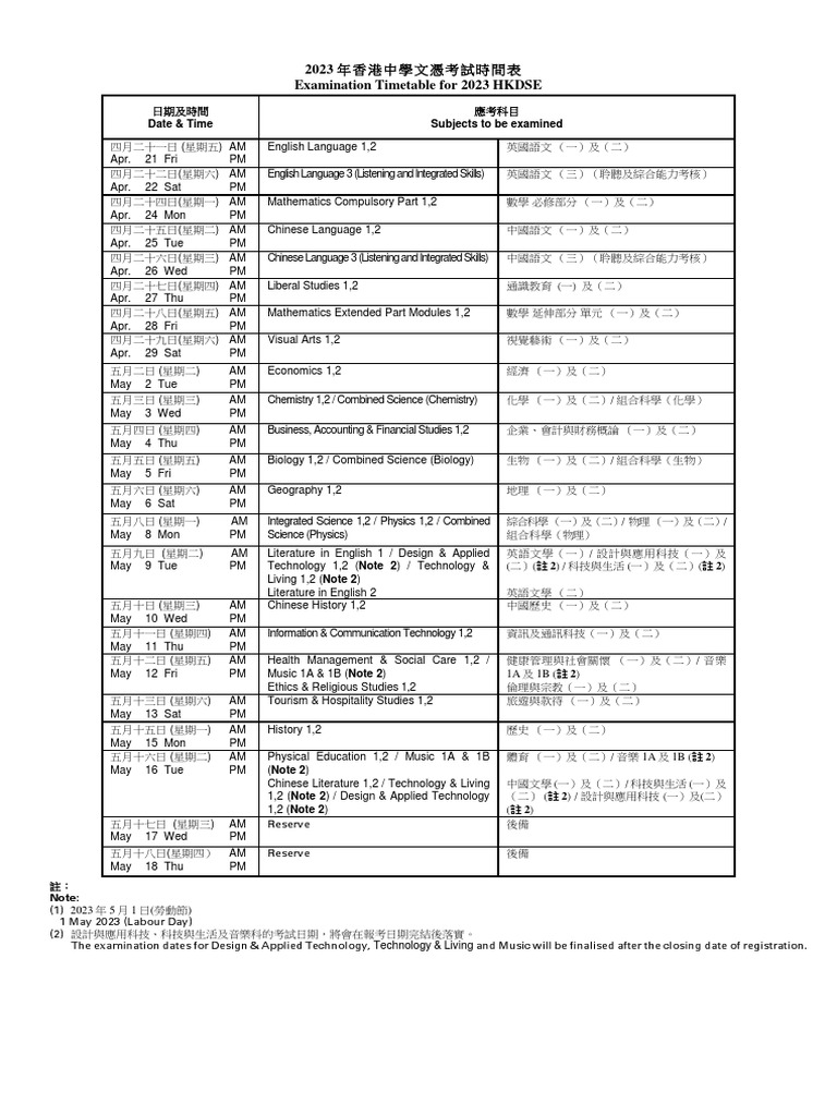 2023 DSE Timetable | PDF