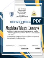 Magdalena Talugco - Lumbayo: Certificate of Appreciation