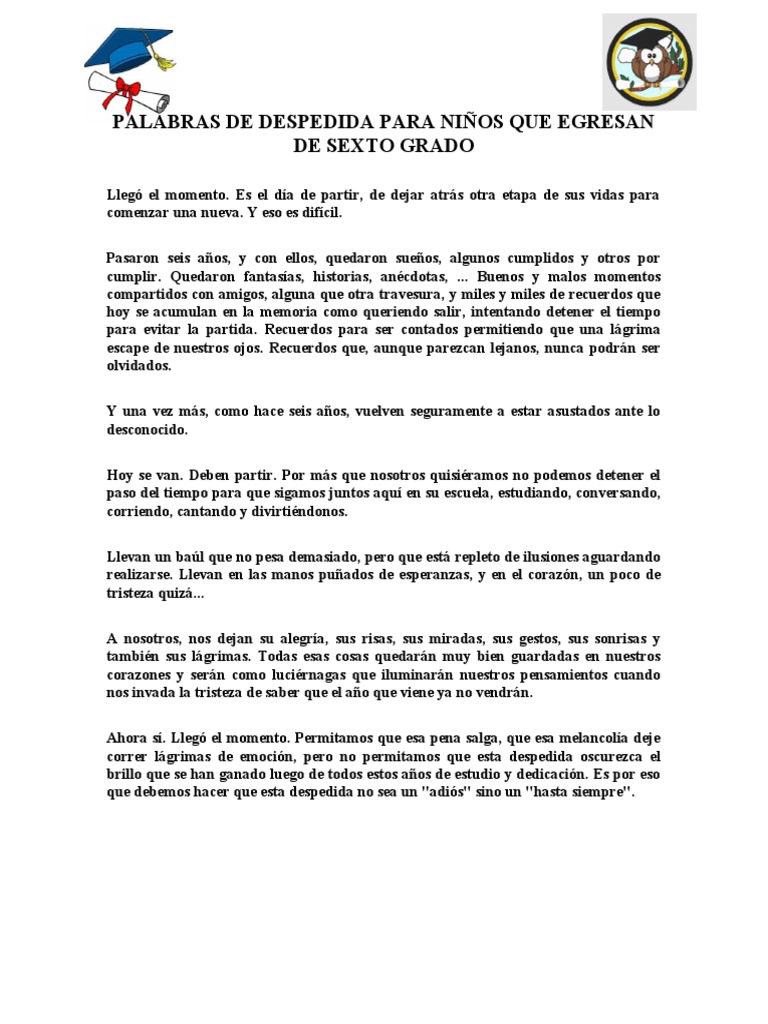 Palabras de Despedida Sexto Grado | PDF