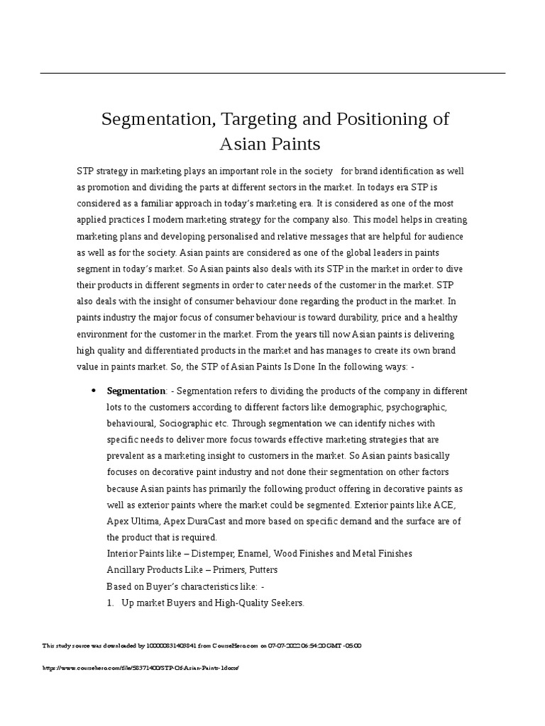 STP Strategy of Asian Paints | PDF | Market Segmentation | Marketing