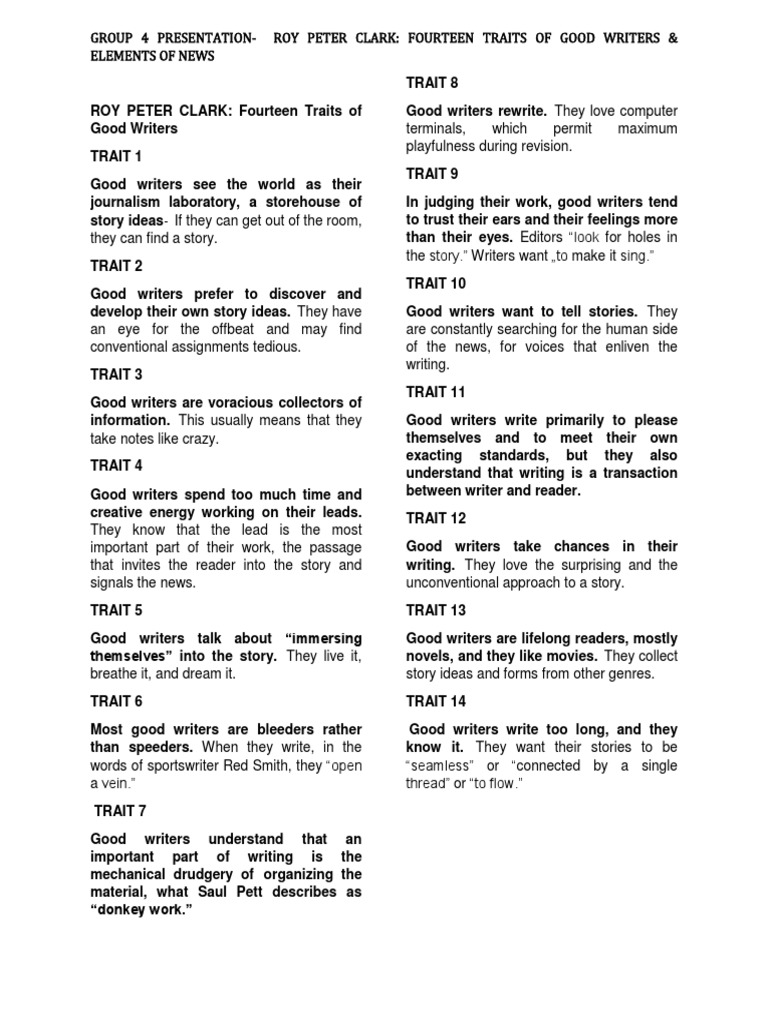 Roy Peter Clark 14 Traits of Good Writers and Elements of News PDF News