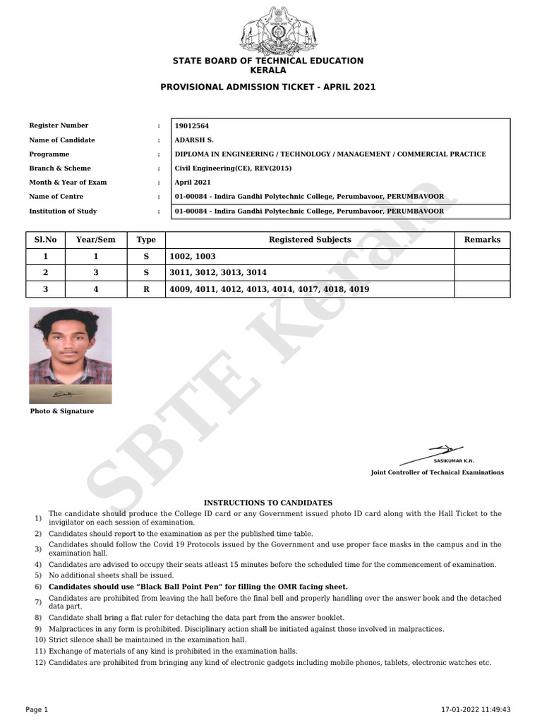 SBTE Kerala State Board of Technical Education Kerala Provisional
