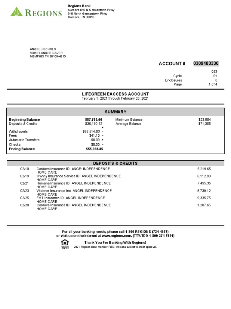 Regions Bank Statement 2 PDF Banks Overdraft