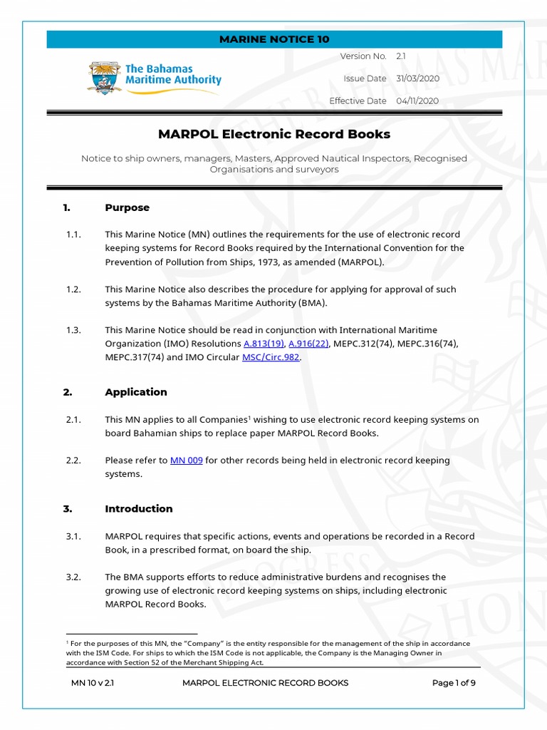 BMA Marine Notice MN010 MARPOL Electronic Record Books v2.1 PDF