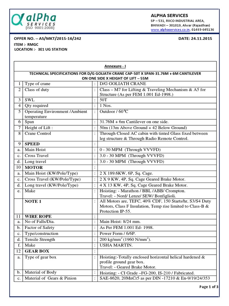Technical Specification 50 Ton Alpha Pdf Crane Machine
