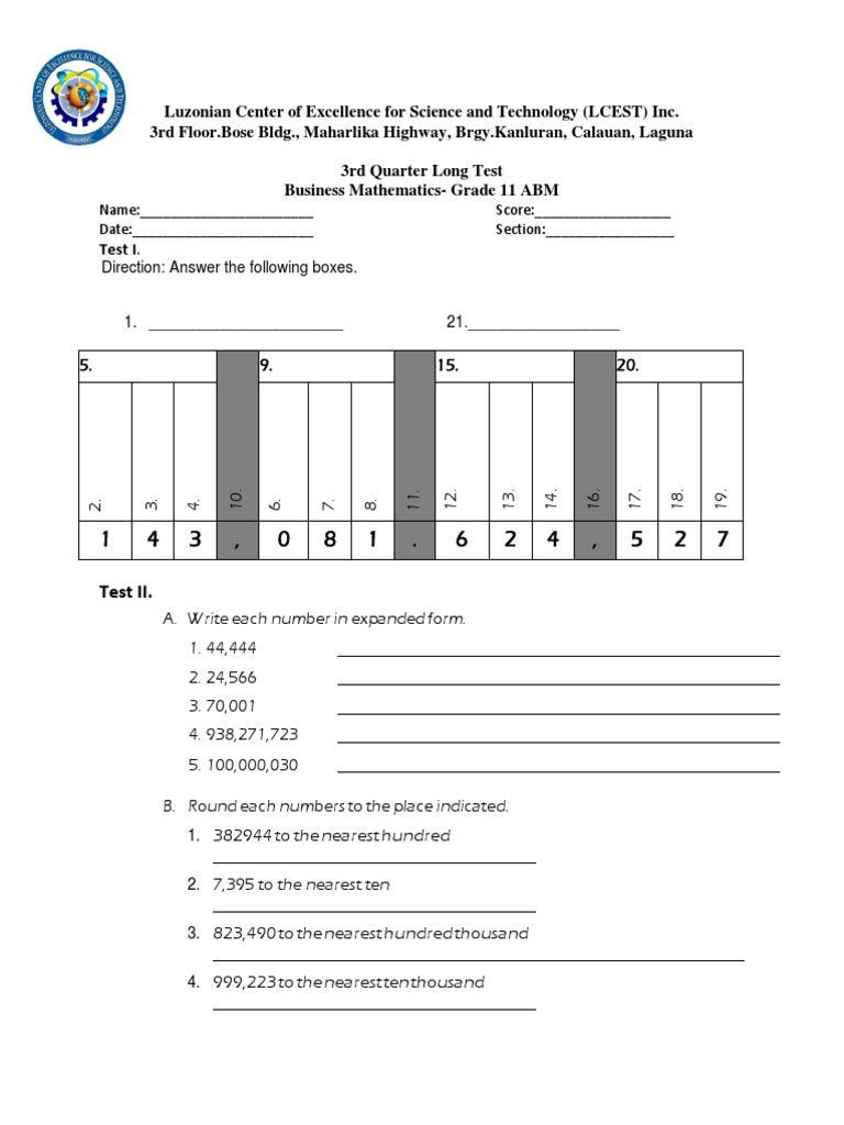Grade 11 Business Math Long Test | PDF | Science | Mathematics