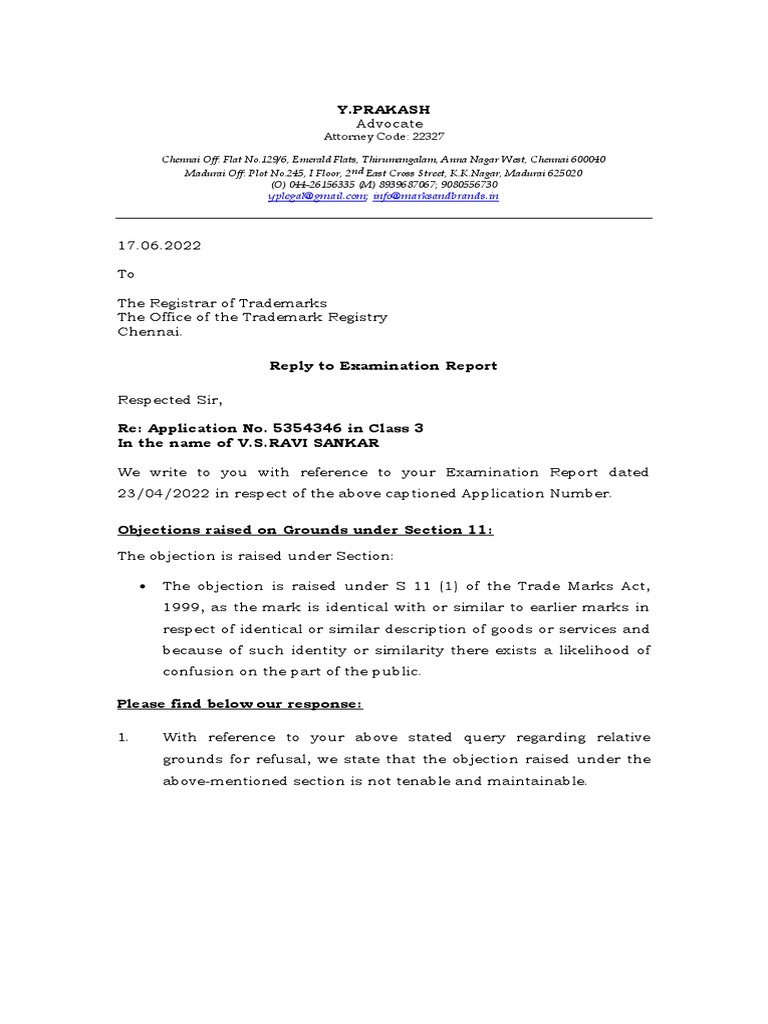 Response to Examination Report for Trademark Application Number 5354346 ...