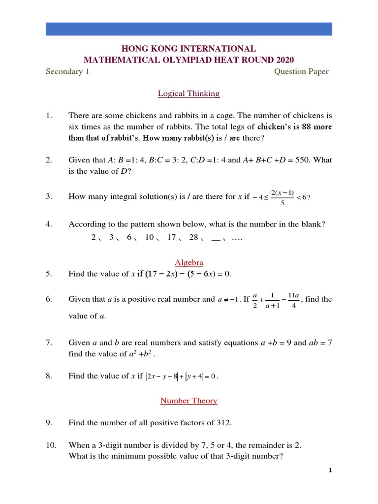 HKIMO 2020 Secondary 1 Question Paper | PDF | Numbers | Area