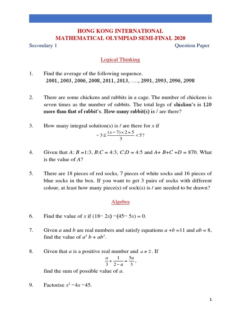 HKIMO 2020 Secondary 1 Question Paper | PDF | Triangle | Area