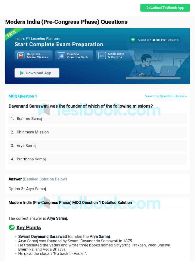 Modern Indian History MCQ PDF