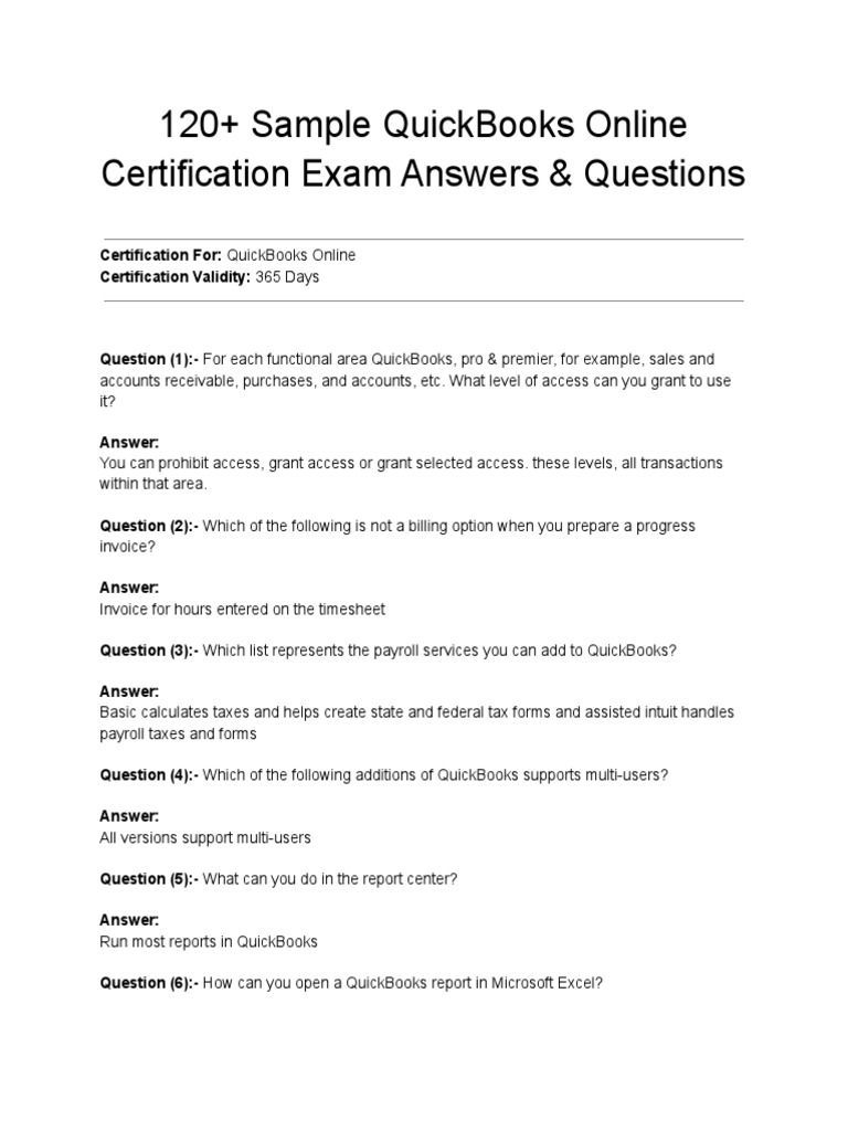 Sample QuickBooks Online Certification Exam Answers Questions 1 1 PDF