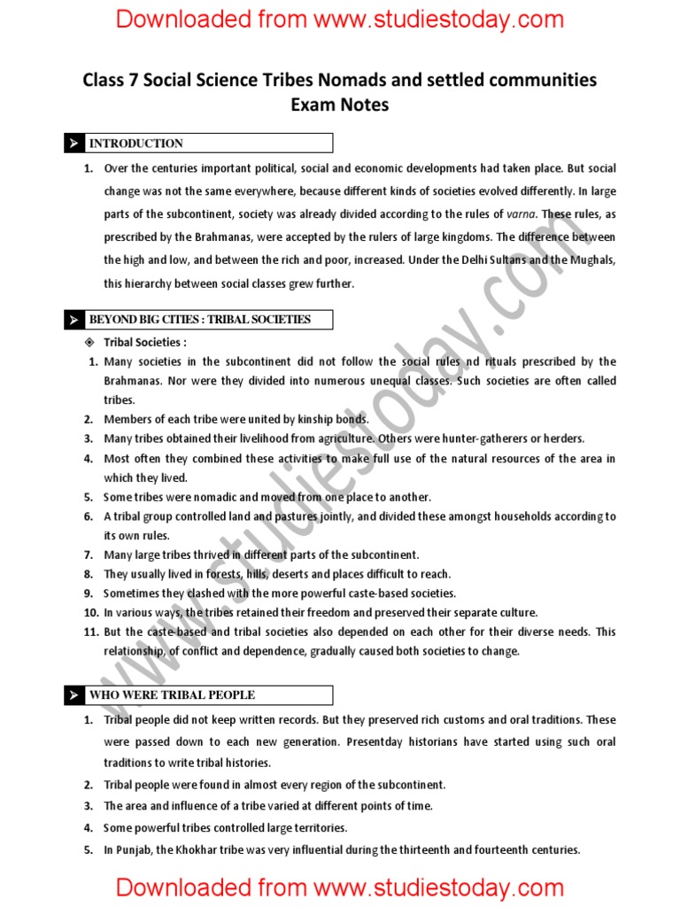 Class 7 Social Science Tribes Nomads and Settled Communities Exam Notes ...