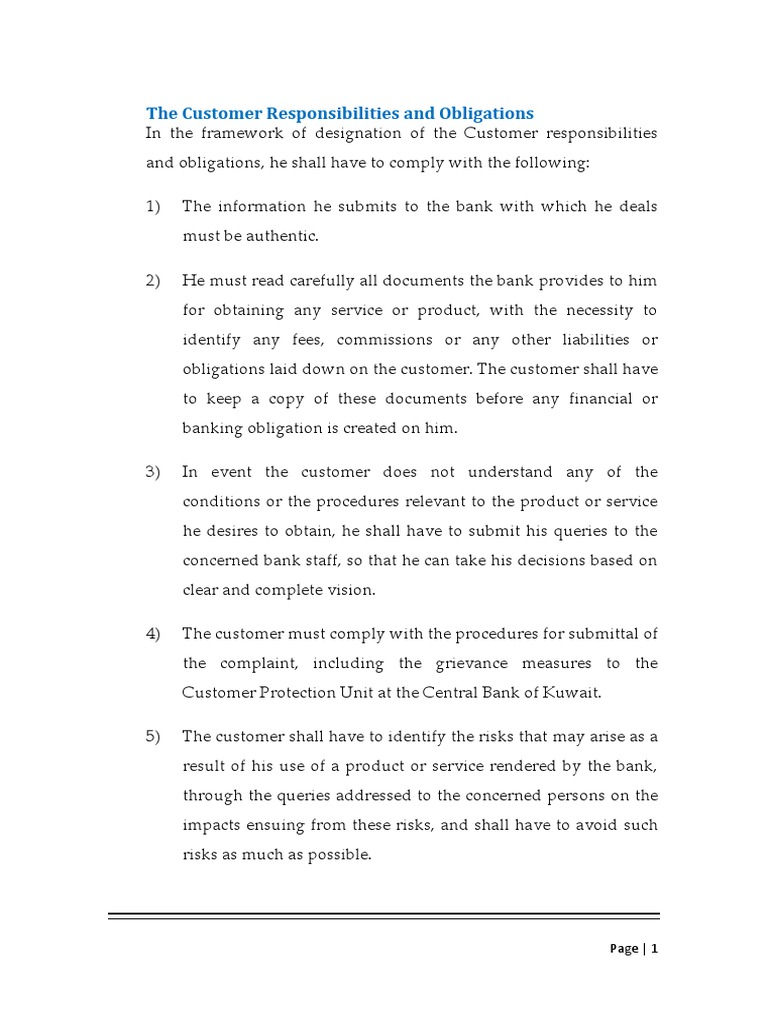 The Customer Responsibilities and Obligations: Page - 1 | PDF | Banks ...