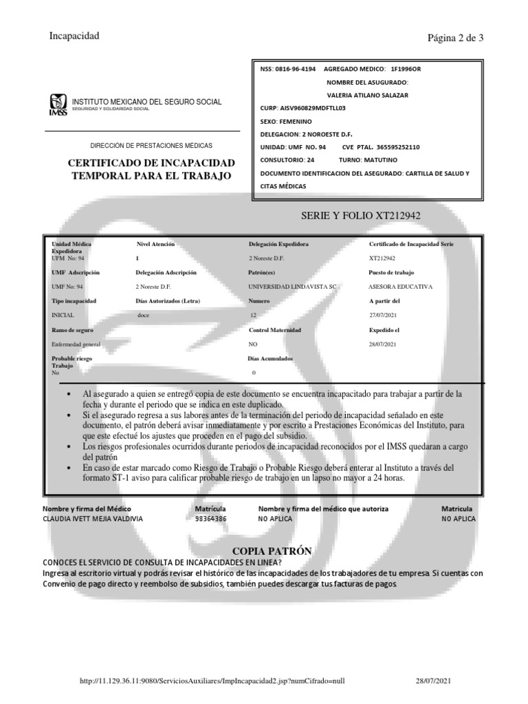 Certificado de Incapacidad IMSS | PDF | Ciencias de la Salud