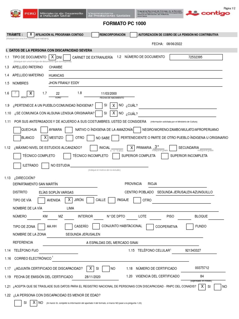 Formato PC 1000 para Programa Contigo | PDF