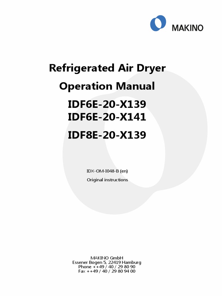 Refrigerated Air Dryer Operation Manual IDF6E20X139 IDF6E20X141 IDF8E20X139 PDF Pipe