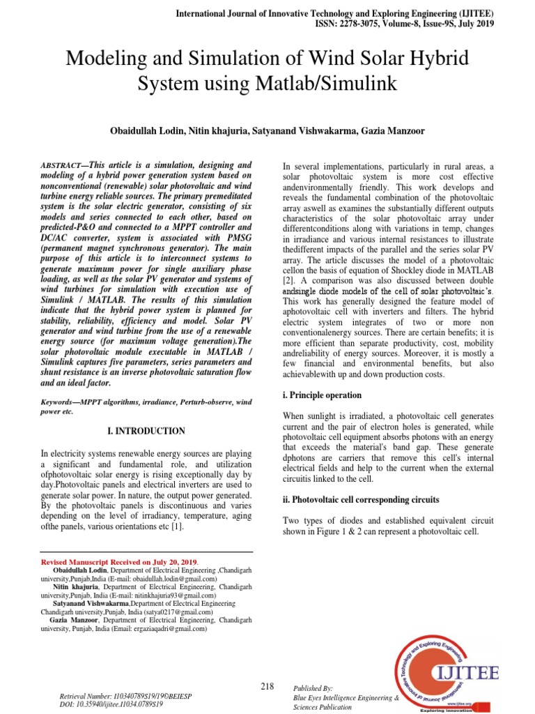 Modeling and Simulation of Wind Solar Hybrid System Using Matlab ...