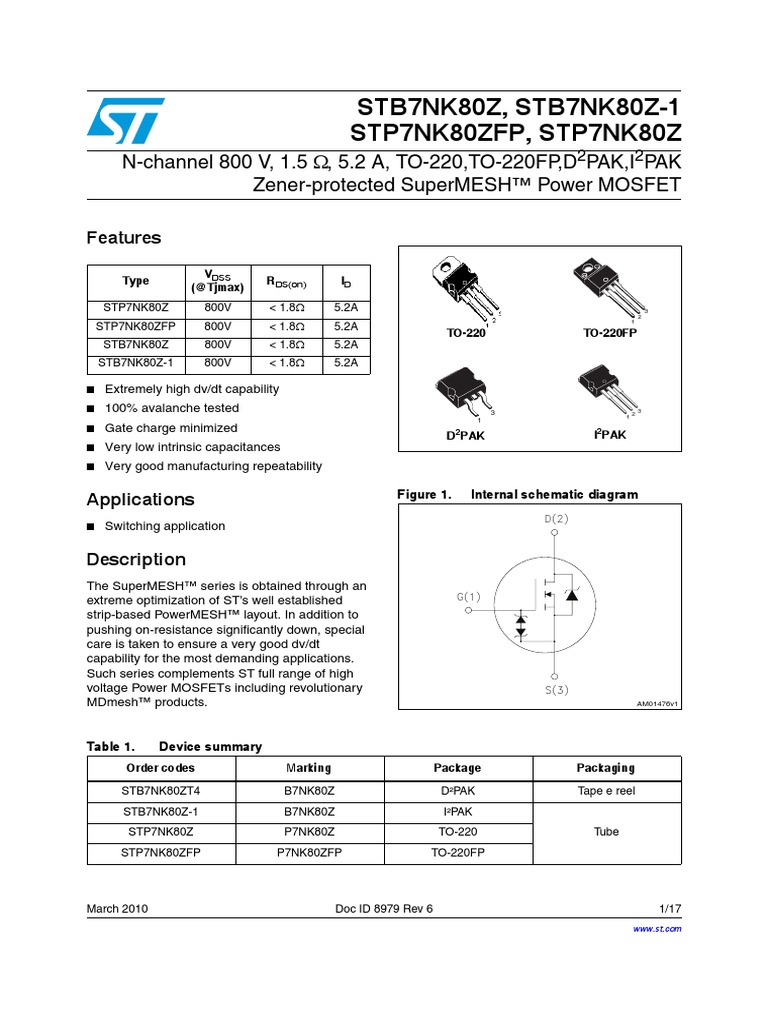 MOSFET P7NK80ZFP Datasheet | PDF | Diode | Mosfet