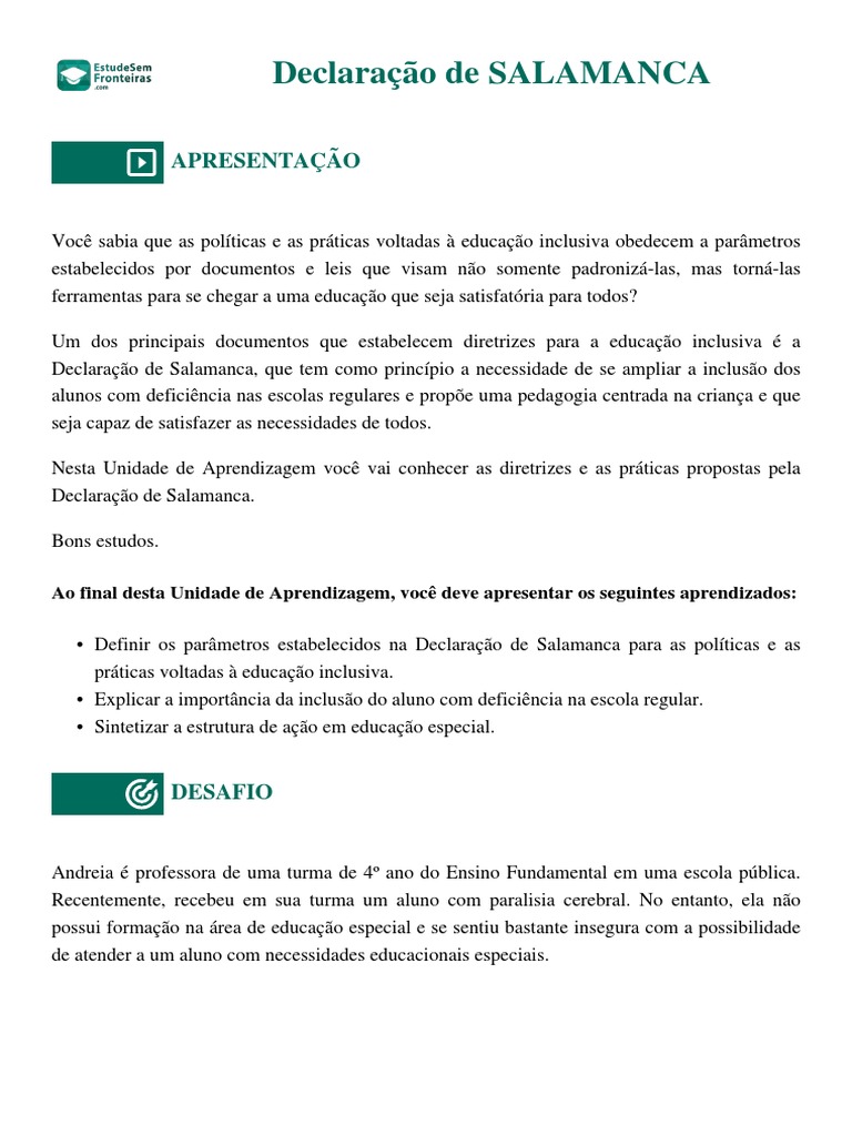 Diretrizes da Declaração de Salamanca | PDF | Inclusão (Educação ...