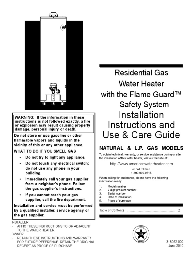 Water Heater Manual 318052002 American Water Heater Company PDF