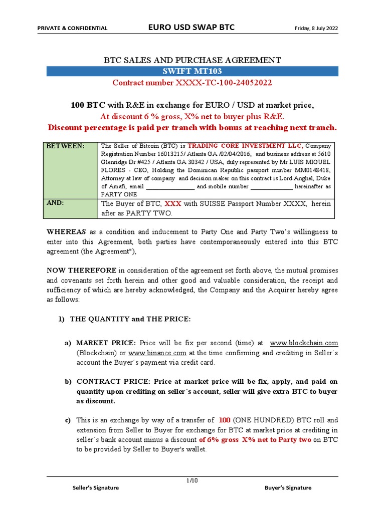 100 BTC With R&E in Exchange For EURO / USD at Market Price | PDF | Bitcoin  | Prices