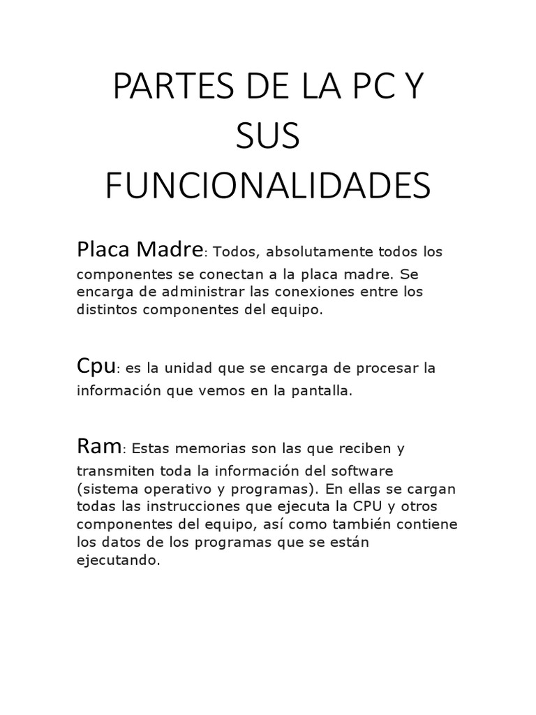 Partes de La PC y Sus Funcionalidades | PDF | Informática