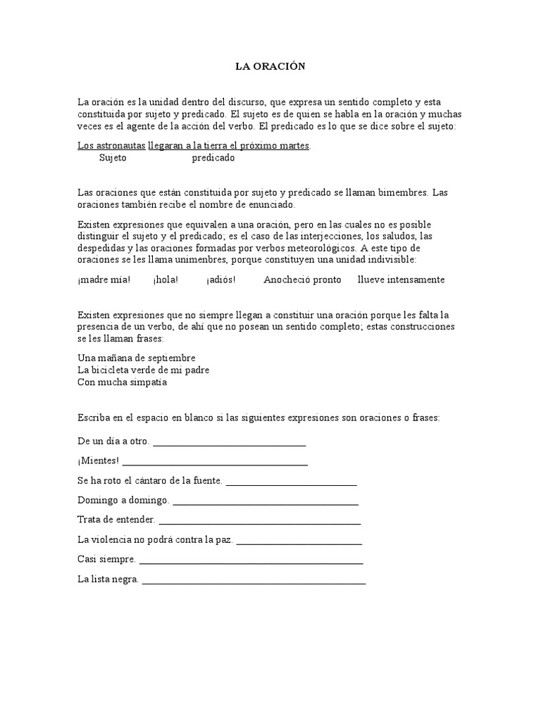 La Oracion y Su Estructura en La Lengua Castellana. 1ra. Parte | PDF ...