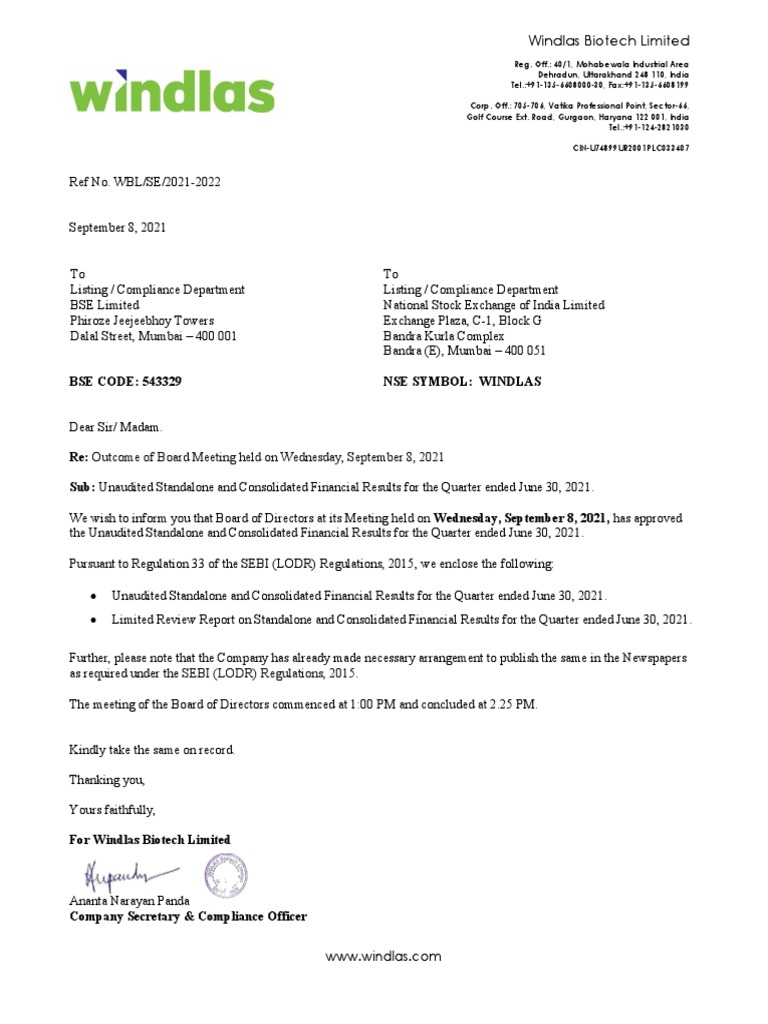 Windlas Biotech Q1 FY22 financial results PDF Market (Economics