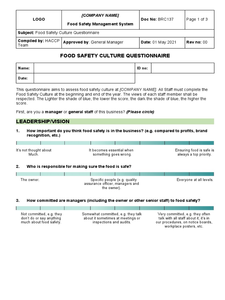 BRC Food Safety Culture Questionnaire PDF Food Safety Foods