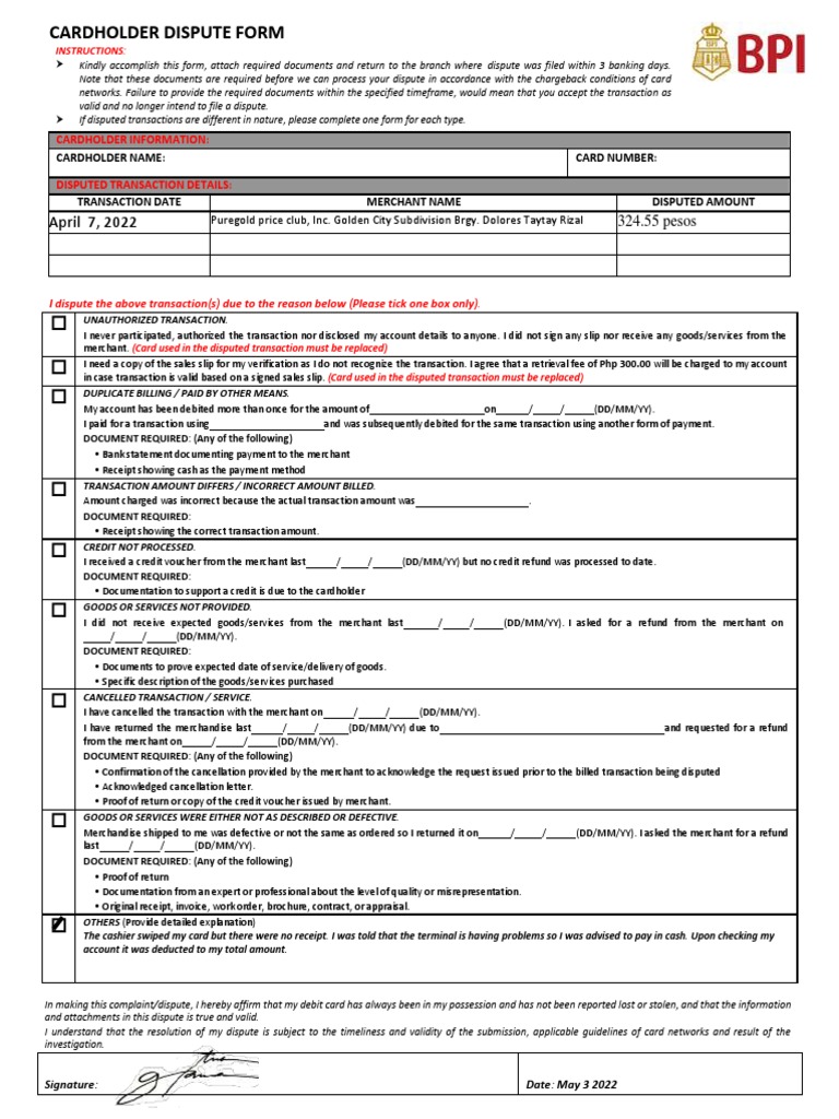 Pre Formatted Cardholder Dispute Form | Download Free PDF | Receipt ...