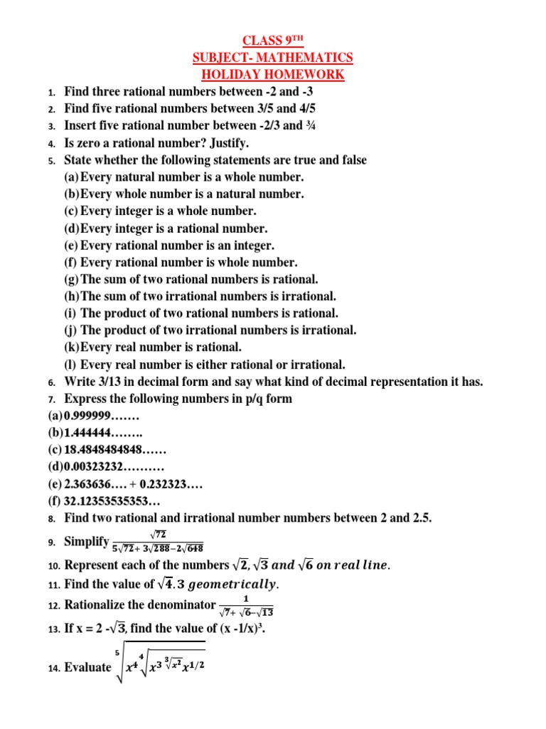 Class 9THth Holiday Homework | Download Free PDF | Numbers | Rational