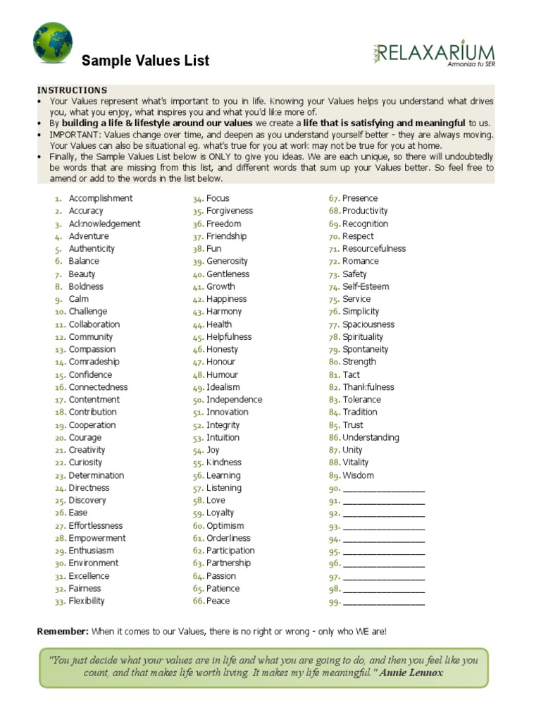Values list PDF Psychological Concepts Psychology