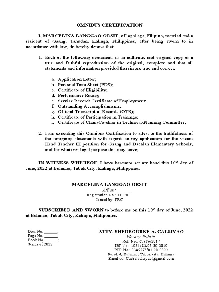 Omnibus Certification for Employment | PDF