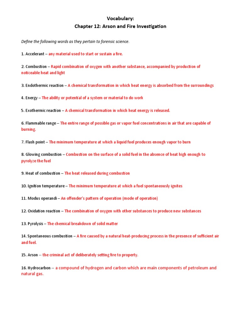 Vocabulary Chapter 12 Arson and Fire Investigation Define The