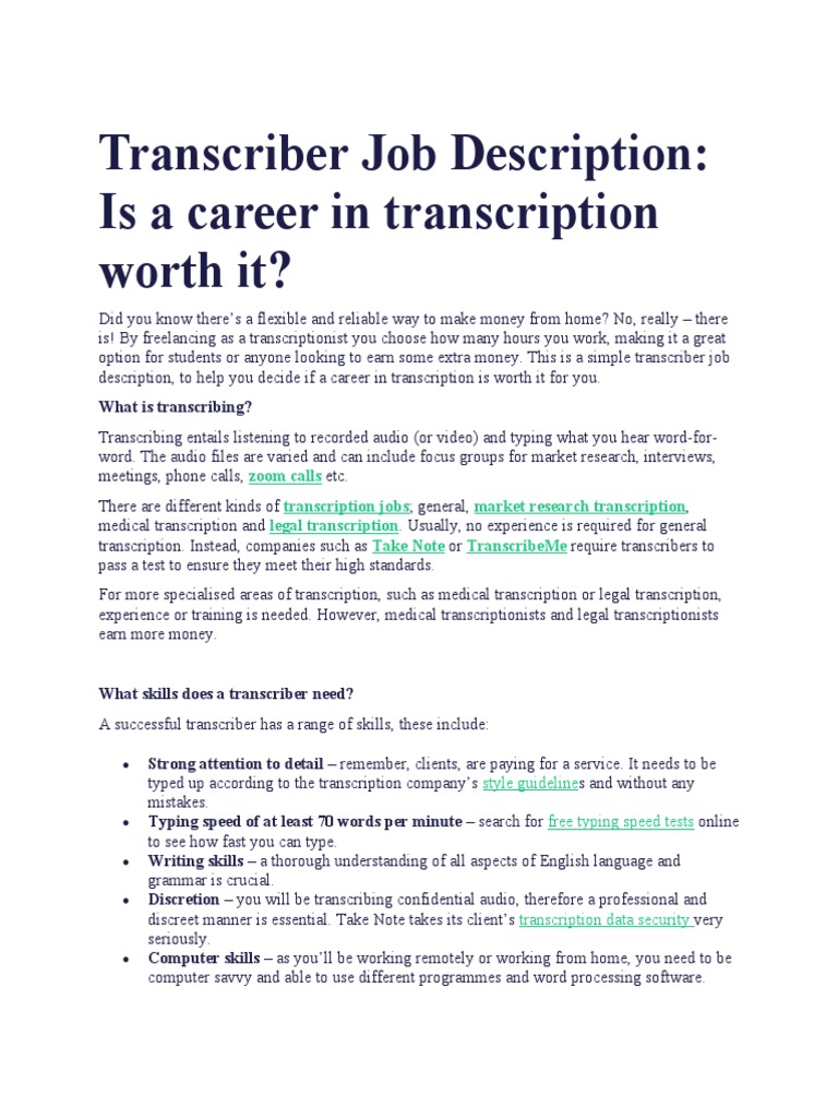 Transcriber Job Description PDF Cognitive Science Cognition