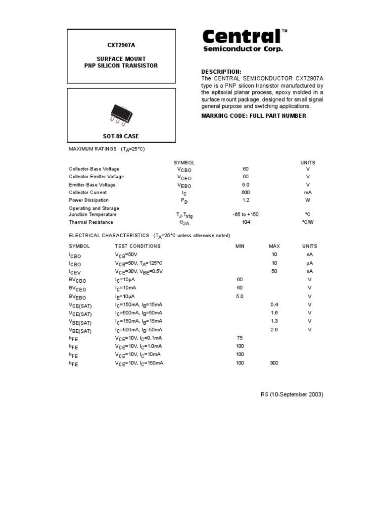 Central CXT2907A Surface Mount PNP Silicon Transistor Description