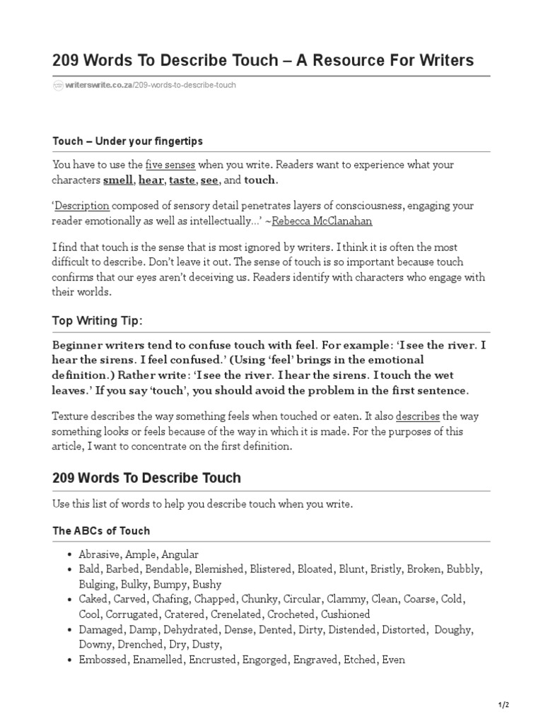 Ways to describe touch a resource for writers pdf somatosensory