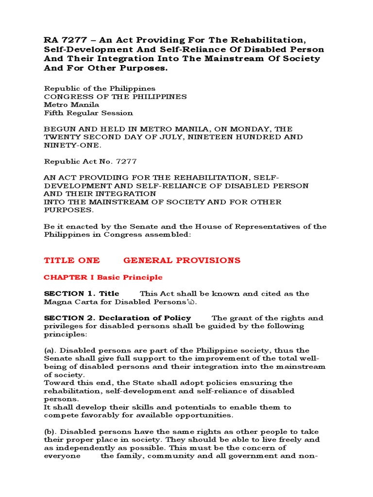 RA 7277 Magna Carta For Persons With Disability | PDF | Special ...