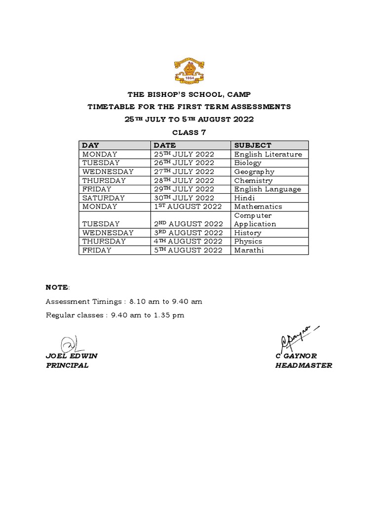 06072022043451class 7 Timetable For The First Term Assessment | PDF