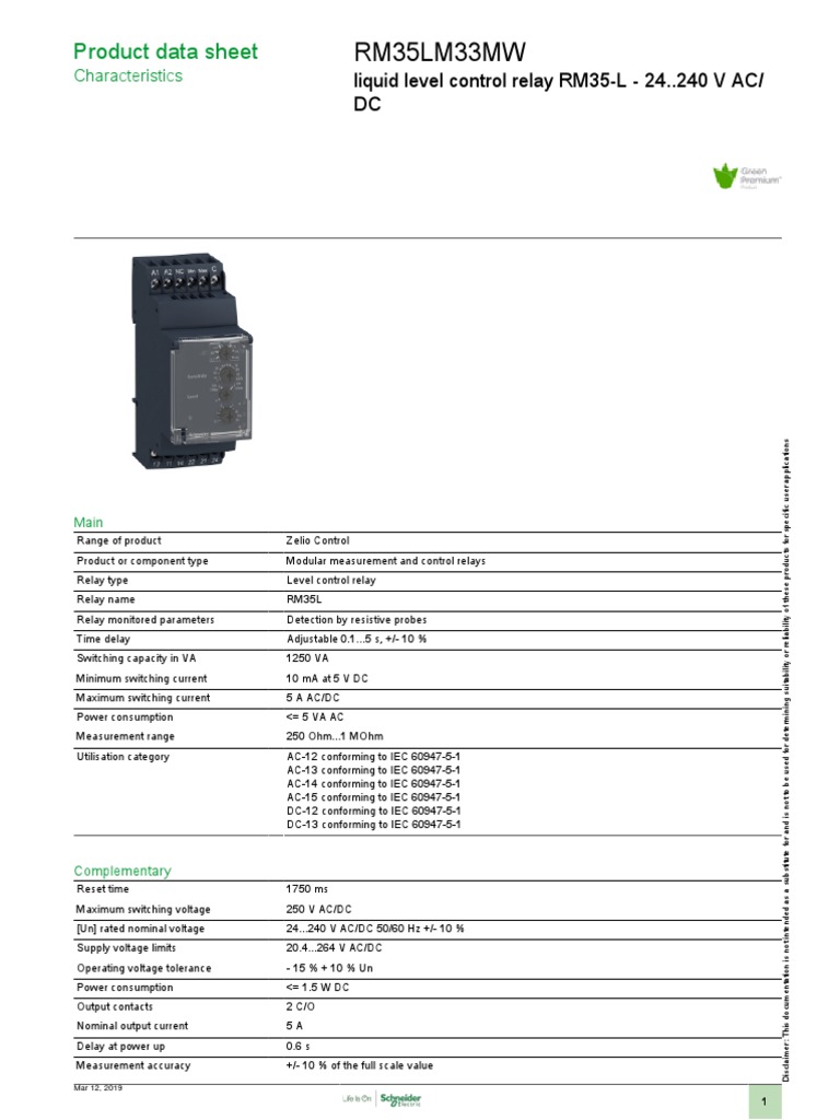 RM35LM33MW Level Control Relay Datasheet | PDF | Relay | Alternating ...