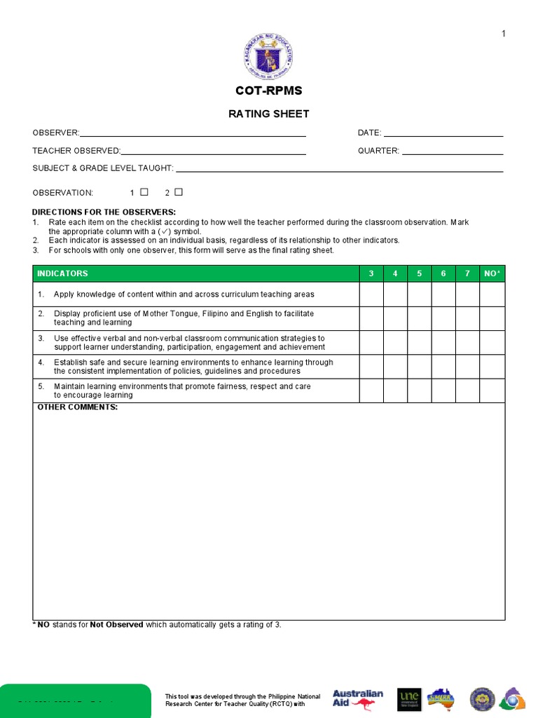 Appendix 3C COT RPMS Rating Sheet For T I III For SY 2021 2022 in The ...