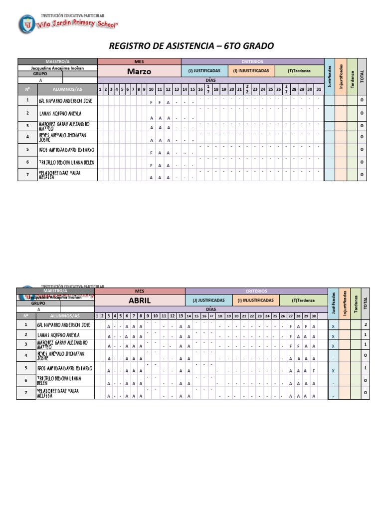 CONTROL DE ASISTENCIAS PRIMARIA 6to | PDF