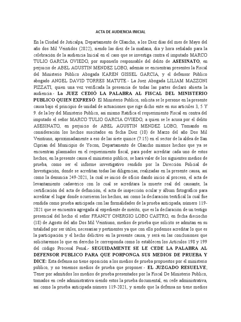 Acta de Audiencia Inicial | PDF | Mandato | Derecho penal