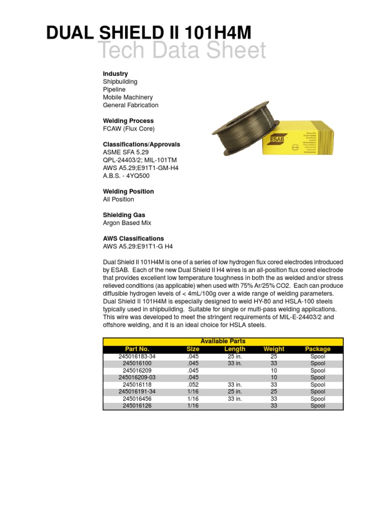 Dual Shield II 101H4M Welding Data Sheet | PDF | Construction | Welding