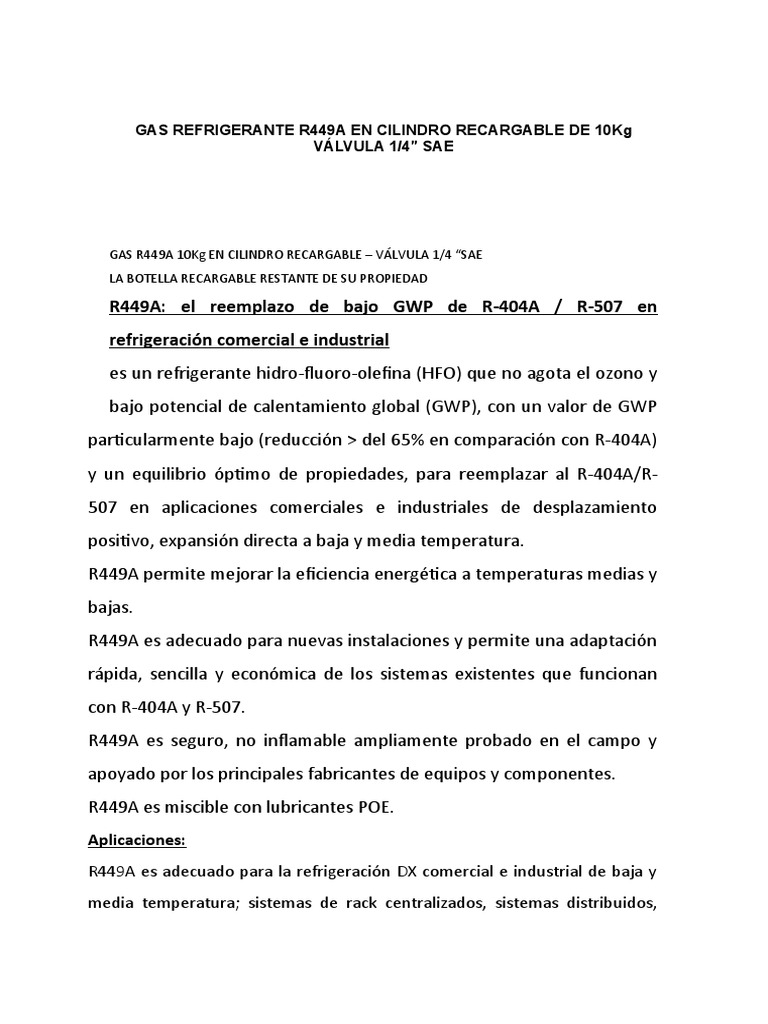 Gas R449A 10Kg: Eficiencia y Seguridad | PDF