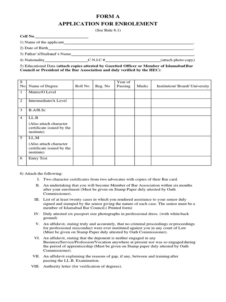 Bar Council Enrolment Form PDF Affidavit Advocate